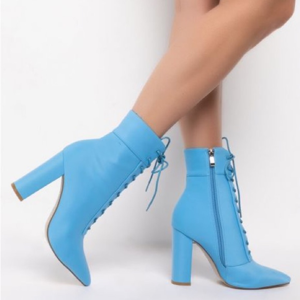 Azalea Wang Blue Lace Up Nylon High Heel Boots - Picture 6 of 6